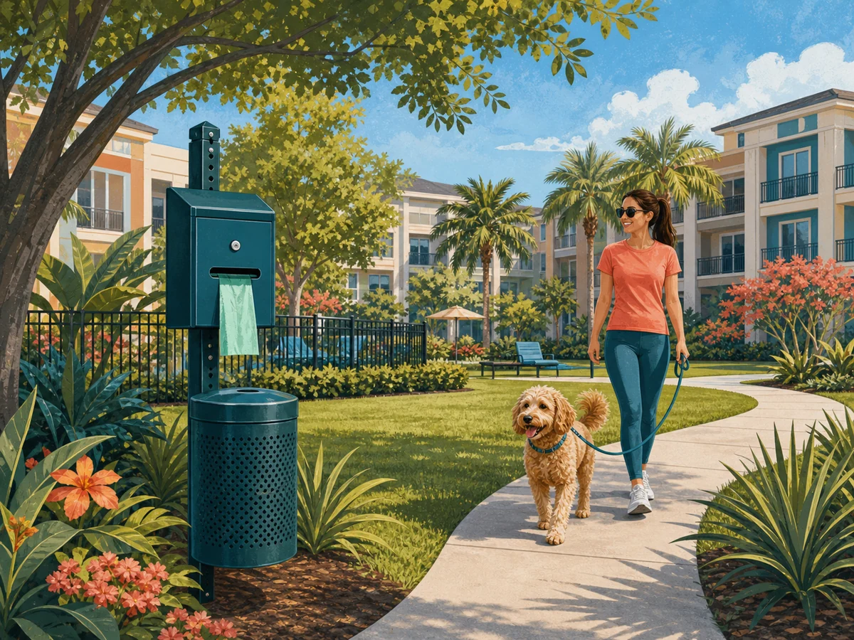 A well-maintained pet-waste station in an attractive apartment dog area