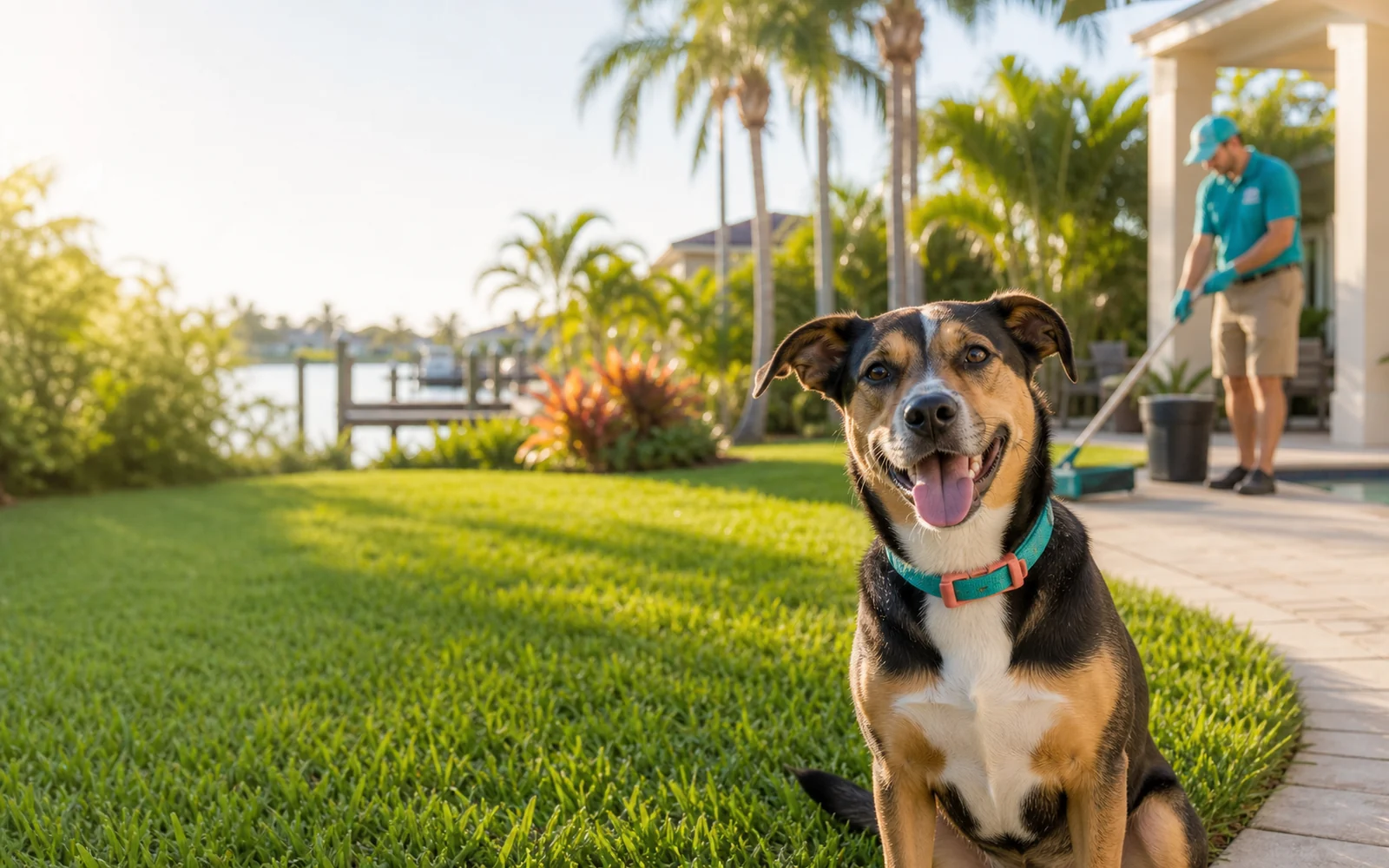 A happy dog in a bright Cape Coral backyard while a uniformed yard-care professional works in the background