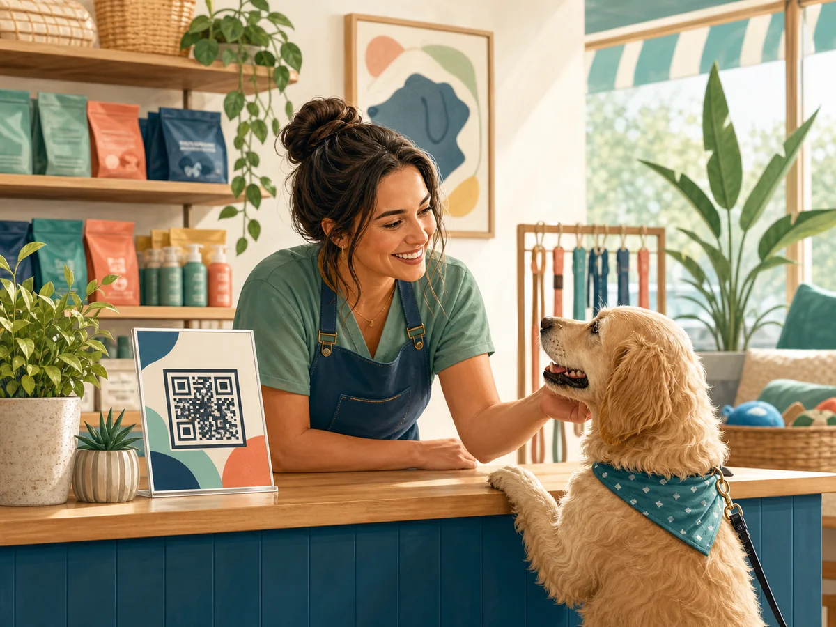A local pet-business owner with a friendly dog customer beside a referral QR display