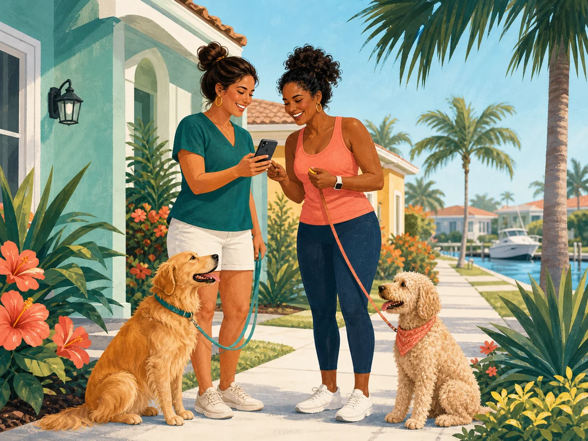 Two Cape Coral neighbors with dogs sharing a referral from a phone