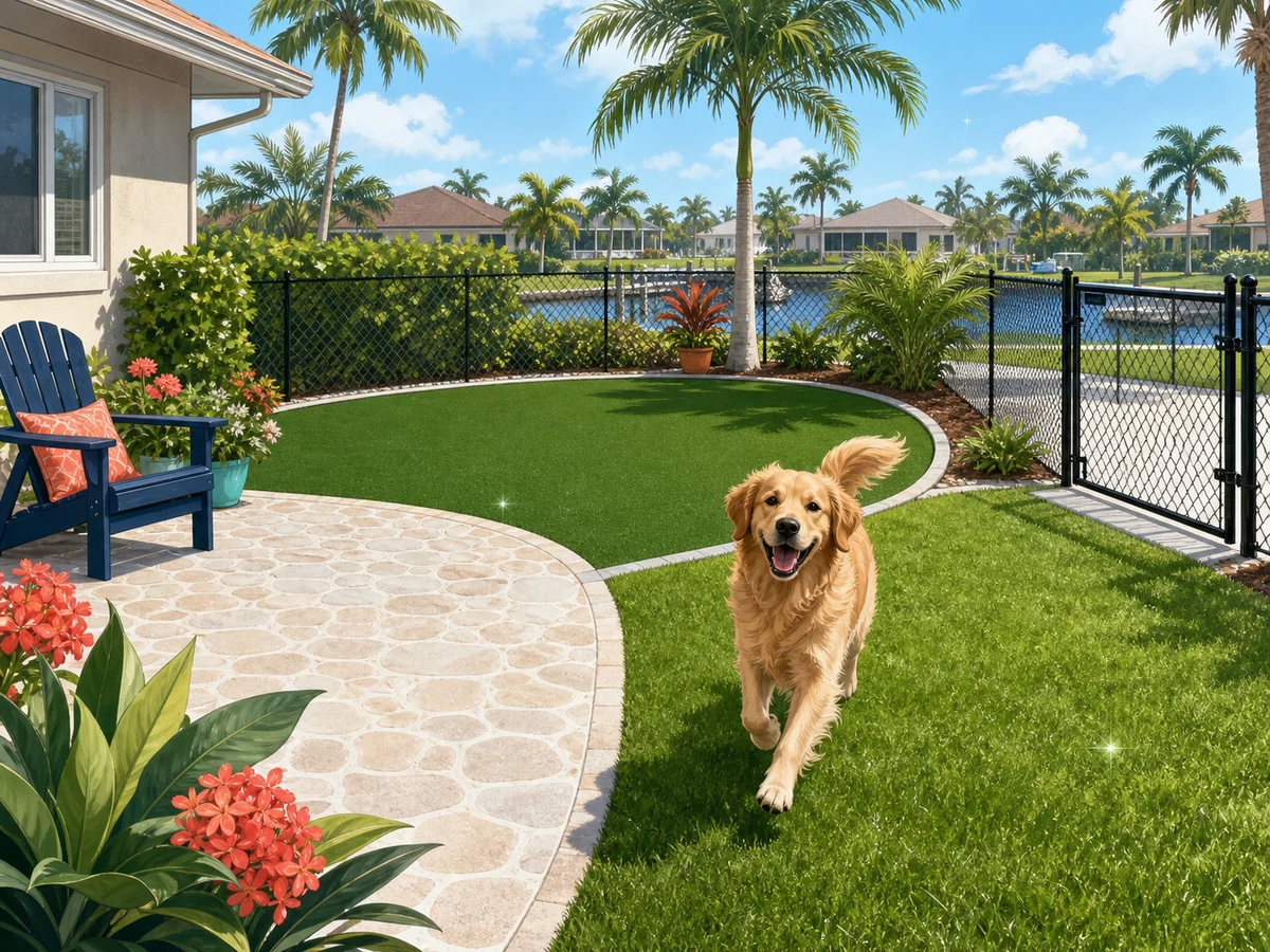 A clean Cape Coral yard with grass, artificial turf, patio and a happy dog